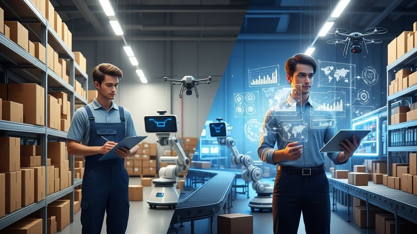 Auxiliar de Logística em um armazém moderno com colete de segurança operando uma paleteira