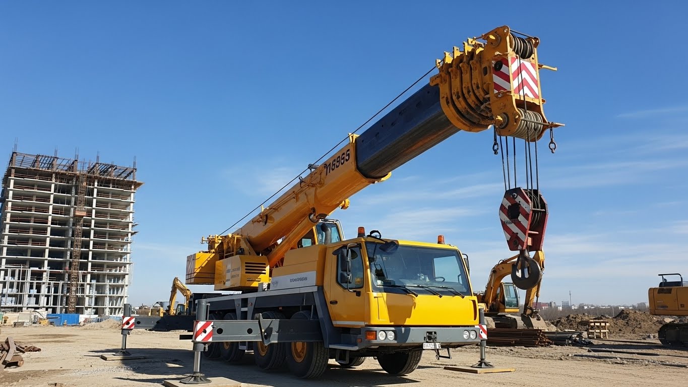 Caminhão Munck realizando içamento de cargas pesadas em um canteiro de obras