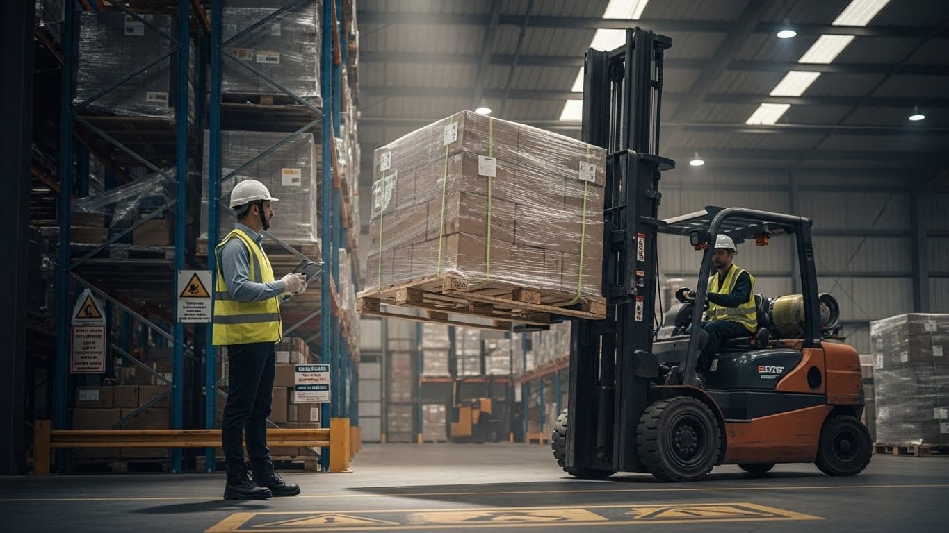 Assistente Operacional supervisionando a movimentação de cargas pesadas com empilhadeira