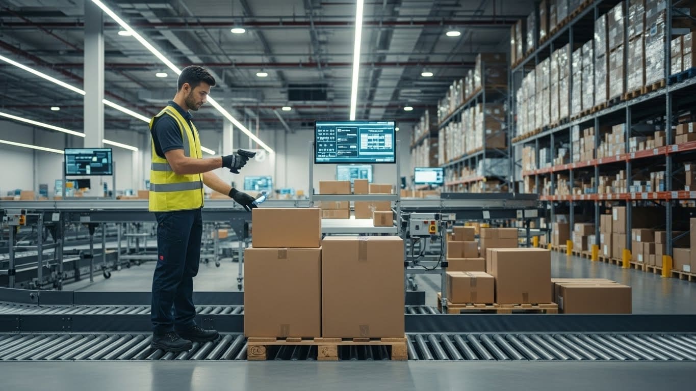 Auxiliar de Armazém conferindo caixas com um scanner em um armazém moderno